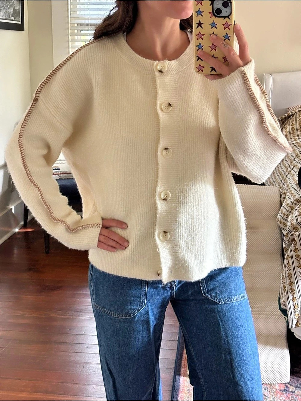 ANTHROPOLOGY Pilcro Whipstitch Cardigan Cable Trim Cream Small